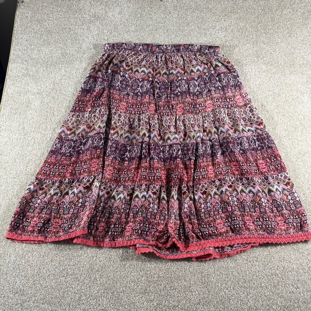 Boho Notation Womens PXL Pink Purple Ikat Geometric Tiered Maxi Skirt Crochet